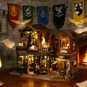 Miniature House Kit DIY Bookshelf Library Building Set, Wooden Craft for Adults, Decorative Model, No Batteries or Glue Included