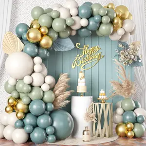 Dusty sage green blue gold balloon garland kit, 107 pcs pastel olive green slate blue beige metallic gold balloon arch kit for women men boho birthday wedding baby bridal shower party decorations