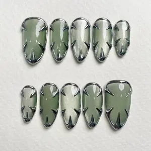 ChromeCat Eye Soft Green Art Freestyle Swirls Press on Nails, Goth Y2K Butterfly Inspired Custom Hand-painted Almond Reusable Fake Nails