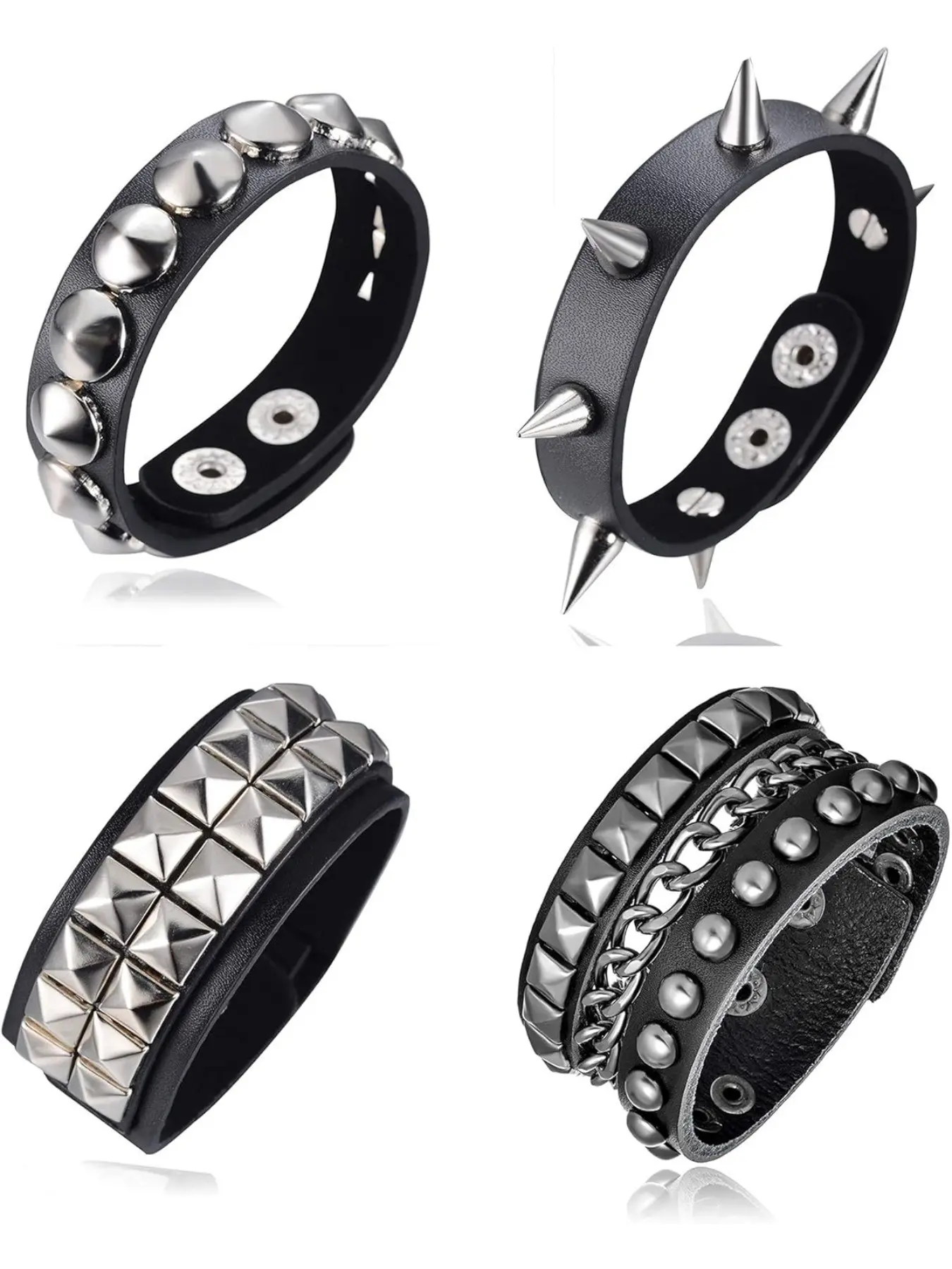 4Pcs Spike Studded Rivet Skull Demon Black Punk Rock Gothic Biker Wide Strap Leather Bracelet Chain Cuff Bangle Wristband Adjustable for Men Women