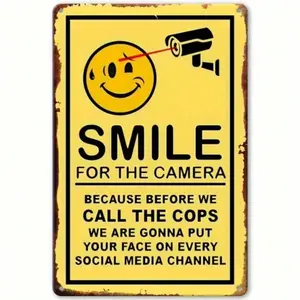 Smile Youre on Camera French Aluminum Security Sign Wall Mounted Surveillance Warning Hanging Vintage Plaque Decor for Home Bathroom Bedroom Kitchen Signage
