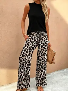Women's Leopard Print Two-Piece Set, Casual Half-Neck Top + Drawstring Waist Long Pants, Comfortable and Stylish for Daily Wear, Lounge Pants Set