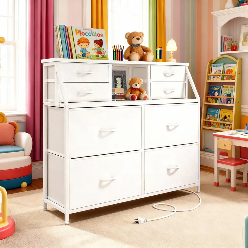 【Storage Hack】Raybee Vanity sideboard 30''H 8 Drawers Dresser for Dorm & Attic,Dresser with Built-In Charging Station and LED, Sturdy Chest of Drawers with Two Open Shelves for Storage,Hides all your clutter to keep you organized and your vibe on point