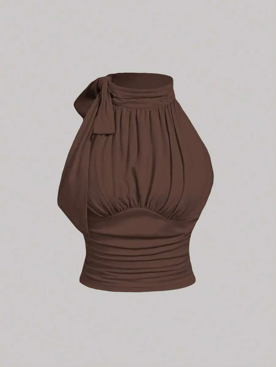 Plus Size Women's Solid Color Halter Neck Ruched Casual Versatile Daily Wear Top