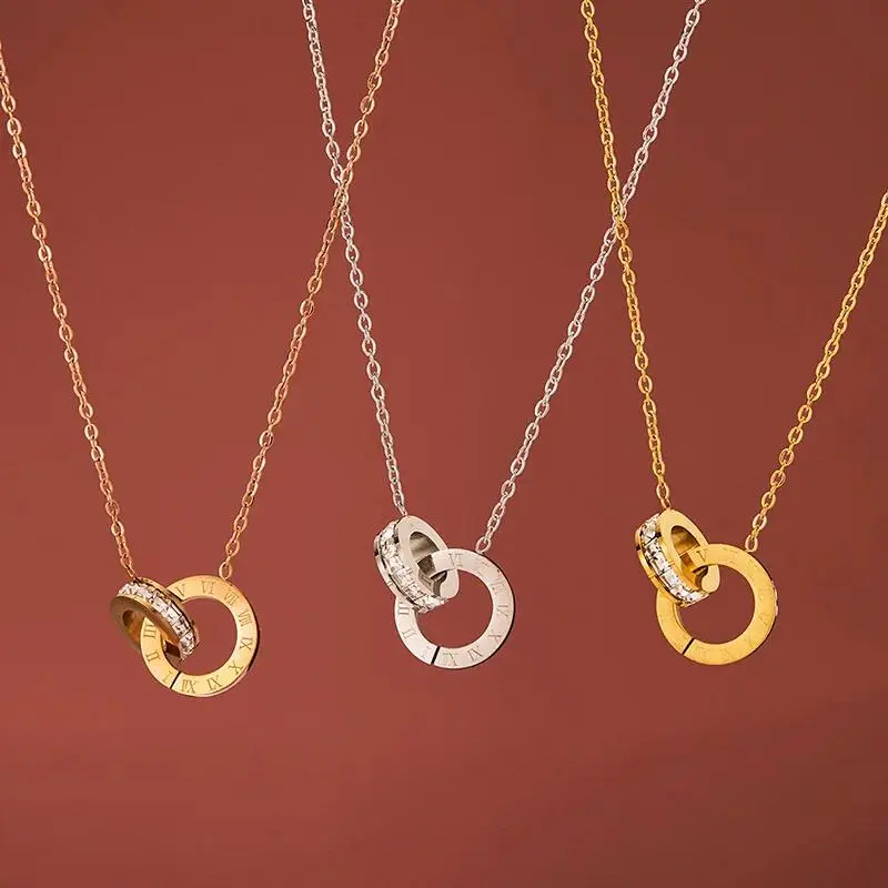 Women's Elegant Stainless Steel Interlocking Circles Infinity-Style Roman Number Collar Necklace, Steel Circle Chain Jewelry Necklaces for Wholesale