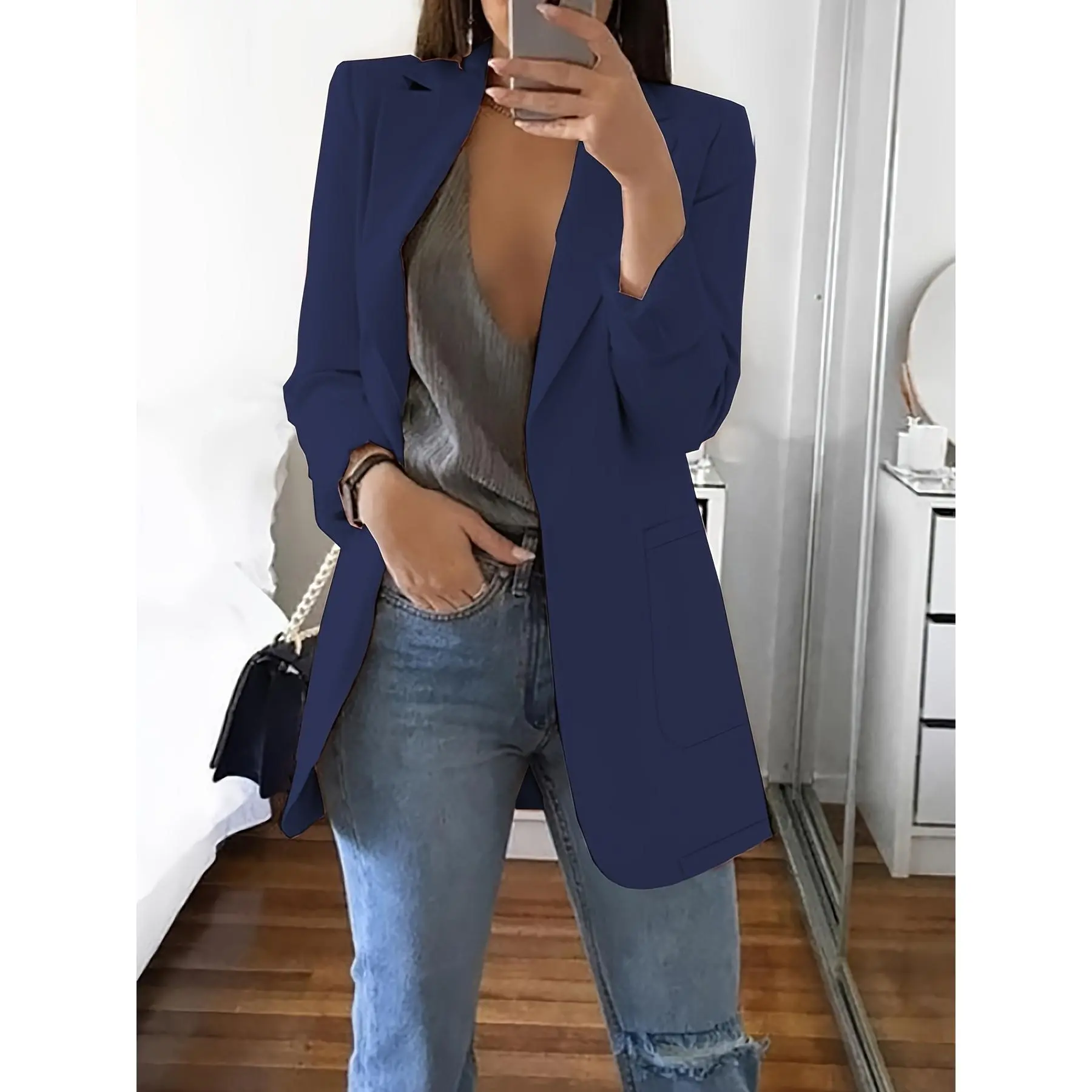 Plus Size Open Front Blazer, Elegant Lapel Neck Slim Long Sleeve Blazer For Spring & Fall, Women's Plus Size Clothing