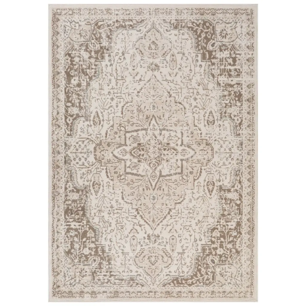 212 MAIN Power Loomed Medallion Print Decorative Area Rug, 2x3 ft Rectangle, Traditional Style, High-Traffic, Stain-Proof, Neutral Cream Tones