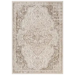 212 MAIN Power Loomed Medallion Print Decorative Area Rug, 2x3 ft Rectangle, Traditional Style, High-Traffic, Stain-Proof, Neutral Cream Tones
