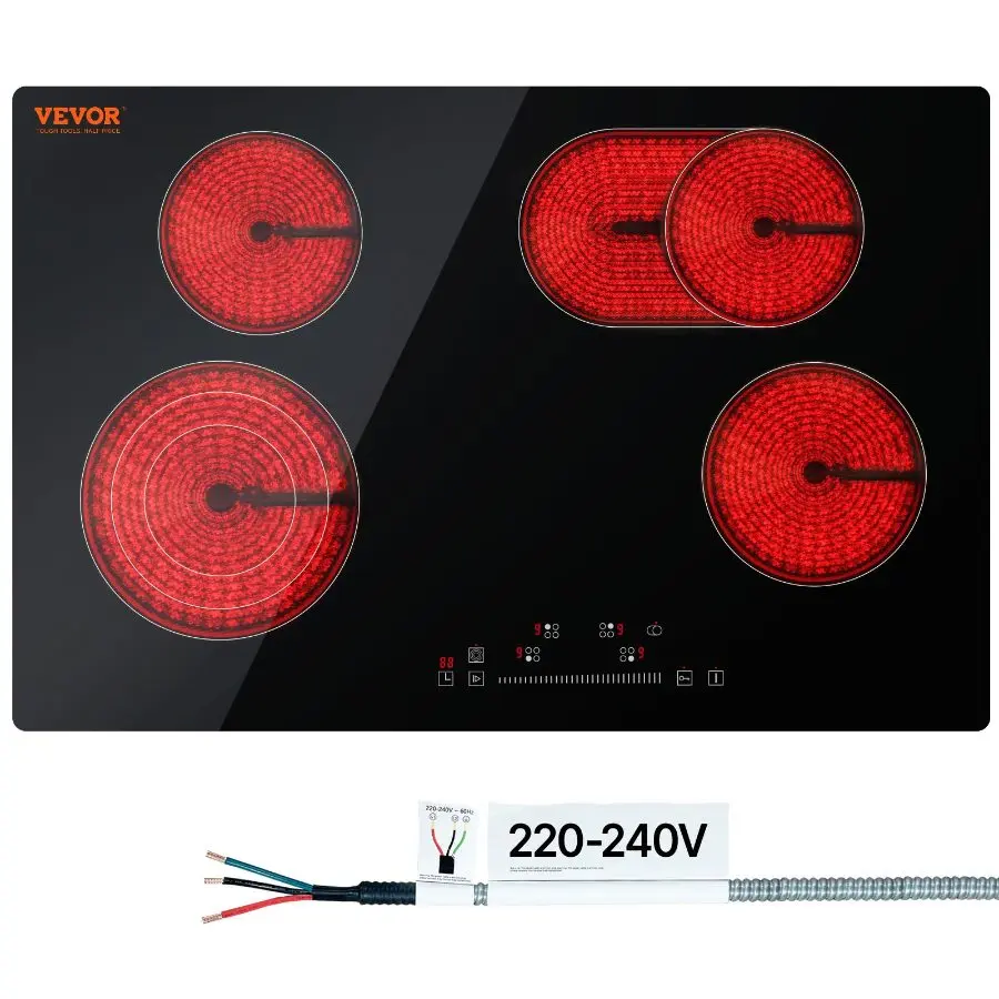 【Summerfinds】 30 in Built-in Glass Top Stove, 30.3x20.5 in 4-Burner 240V Radiant Heat Cooktop with 240V Plug, Sensor Touch Control, Timer Lock, 9 Power Levels, Child Lock for Simmer, Frydealsforyoudays