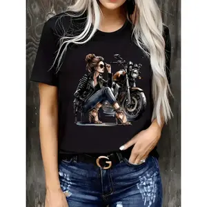 Retro Motorcycle Graphic T-Shirt for Women - Elegant Curvy Design, Pink Tee with Stylish Woman & Motorcycle Print, Perfect for Summer Outfits, Parties, and Casual Wear, Motorcycle T Shir