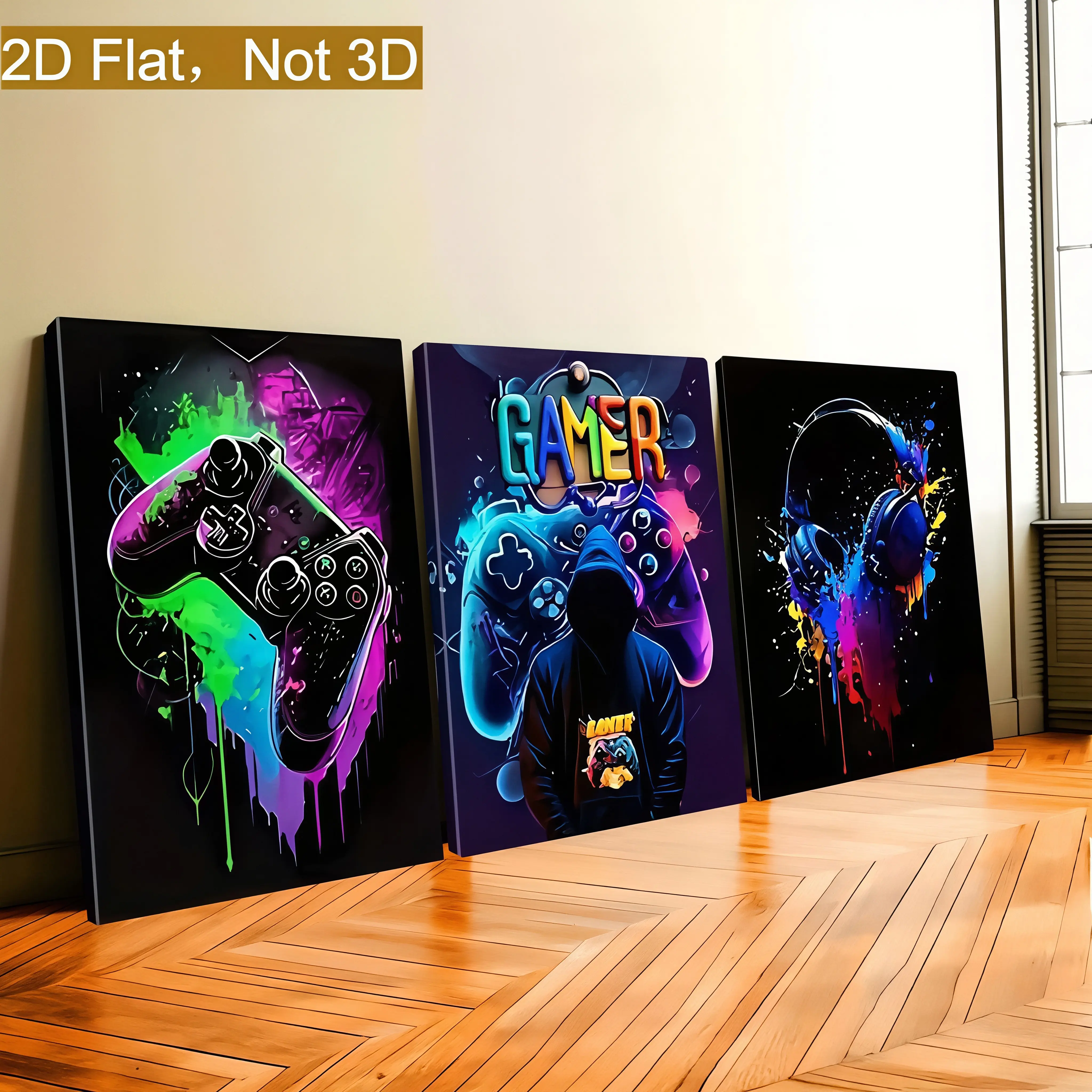 3PCS Frameless Canvas Wall Art, Neon Gaming Style Triple Canvas Prints Themed Wall Decor.HD Printing, Artistic Home Decor, None-Frame Design, Ideal Housewarming Gift for Living Room.