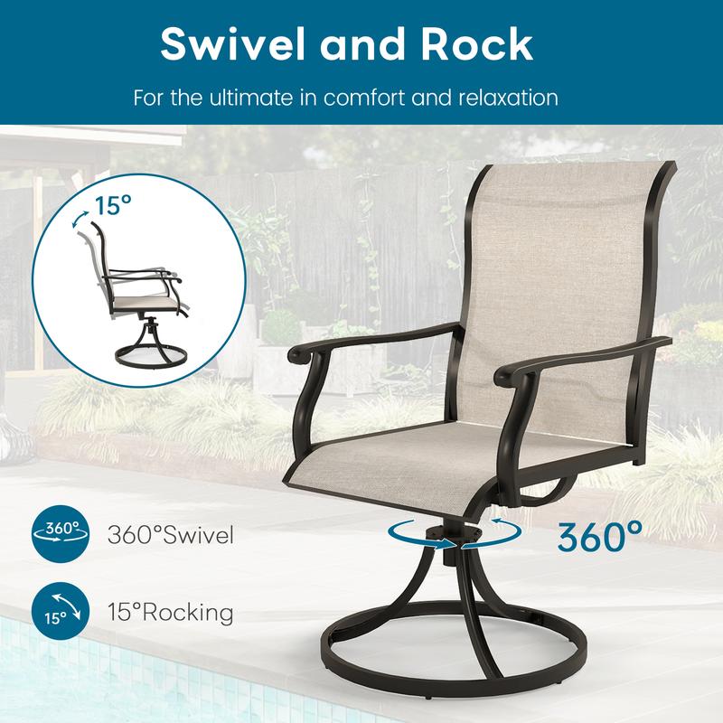 Outdoor Swivel Patio Dining Chairs Set of 2 360° Rocking Beige Textilene Mesh & Rust-Proof Steel 400 lb Capacity for Lawn Porch Garden