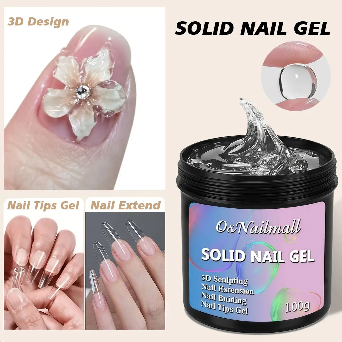 100g Solid Nail Gel, Strong Sticking Gel, Nail Building Gel, Nail Extension, 3D UV Gel, Professional Nail Art Supplies, Nail Tips Gel