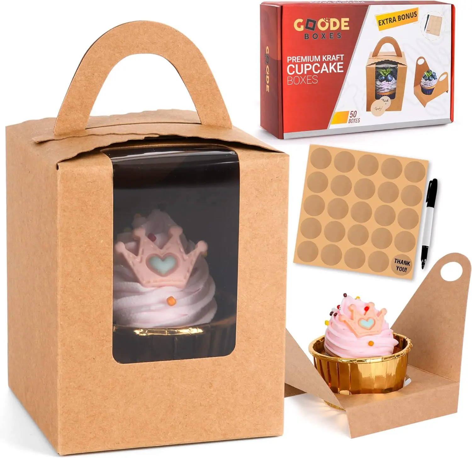 Cupcake Boxes Bulk - 50 Count Kraft with Window, Handle, Insert Labels for Packaging, Container, Holder, Bakery Wrapping Parties, Hot Chocolate Cocoa Bombs, Wedding Candy Birthday Ornaments, Individual, Box, Plastic, Holder