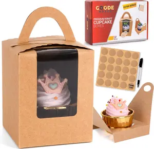 Cupcake Boxes Bulk - 50 Count Kraft with Window, Handle, Insert Labels for Packaging, Container, Holder, Bakery Wrapping Parties, Hot Chocolate Cocoa Bombs, Wedding Candy Birthday Ornaments, Individual, Box, Plastic, Holder