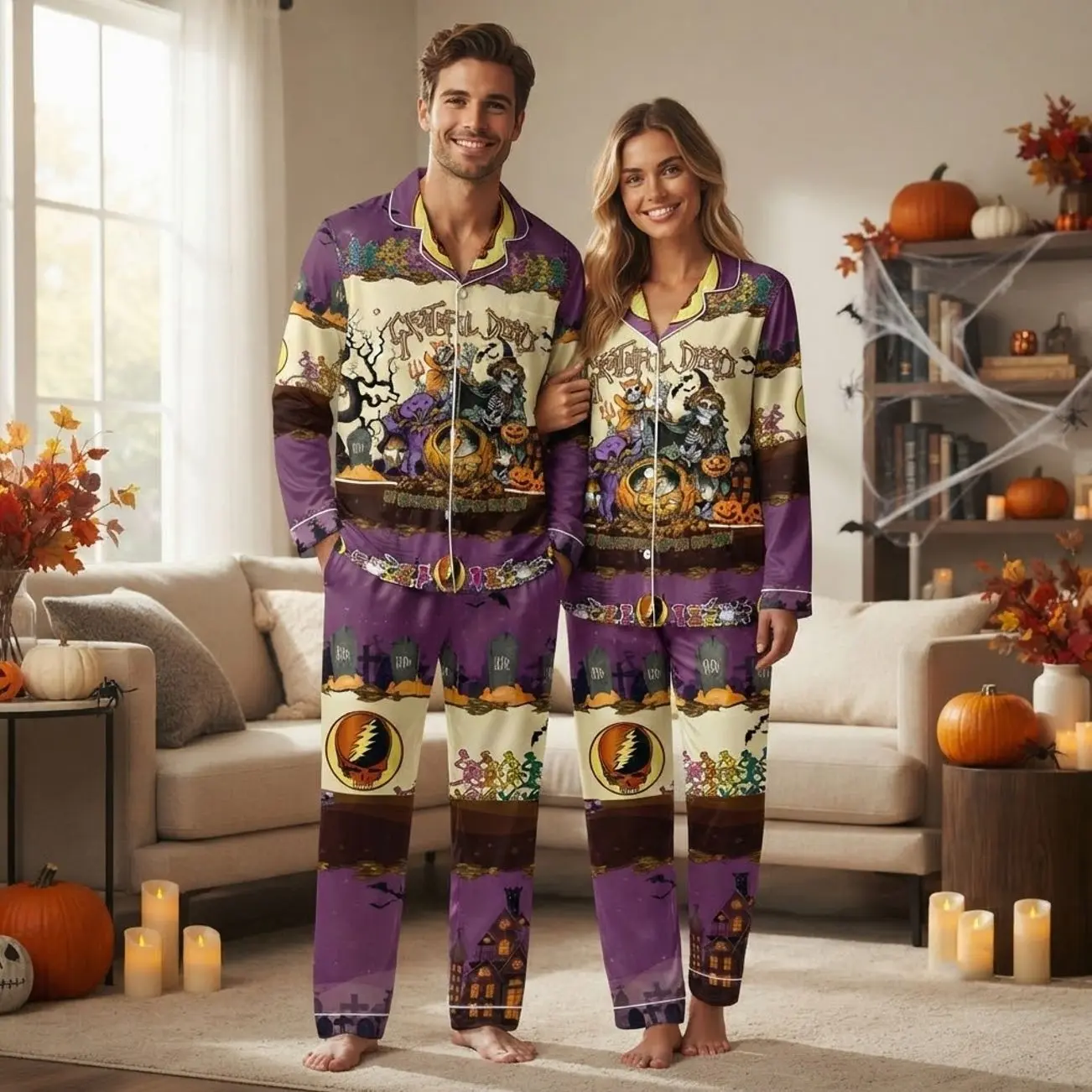 Grateful Dead Spooky Purple Matching Couples Pajama Set Long Sleeve PJS