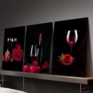 3pcs Wood Framed Canvas Print Decorative Painting, Wine glasses and roses, red wine, bar art, wine decorative paintings, light luxury modern fashion art, Indoor home wall decoration art