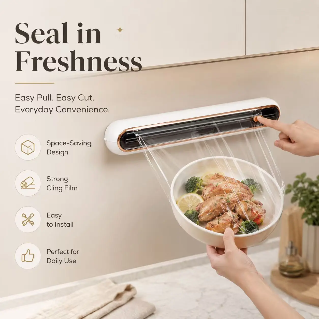 Wall Mounted Plastic Wrap Dispenser – One Touch Food Wrap Cutter, Kitchen Organizer for Plastic Wrap, Foil & Food Storage