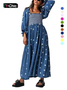 Women Bohemian Floral Dress Lantern Sleeve Square Neck Flower Embroidered Maxi Dress Flowy High Waist Long Dress