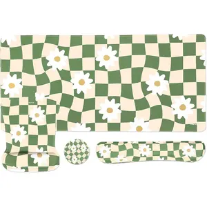 MOSISO Desk Pad Mat Keyboard Mouse Pad Set,Large Gaming Mouse Pad&Keyboard Wrist Rest&Mousepad with Wrist Rest&Coaster,Wavy Checkered&Daisy Ergonomic Home Office Non-Slip Pad with Memory Foam, Green
