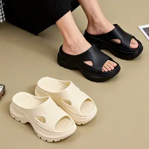 Women's Platform Slippers with Hollow Design Thick Non-Slip Rubber Sole Breathable Soft EVA Indoor Outdoor Casual Shoes Black & White Tsinelas Flipflop Pedal