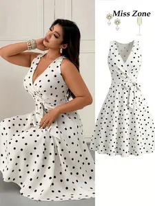 Women's Plus Size Vintage Dress Polka Dot Wrap V-Neck Tie Waist A-Line Flowy Midi Retro Elegant Chic Wedding Guest Tea Party Outfits Trendy