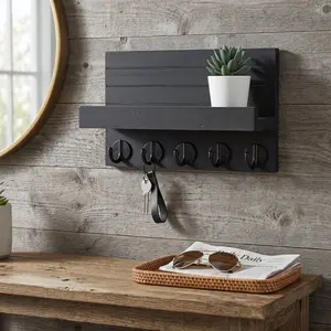 Wall Key Holder with Shelf Decorative Wood Key and Mail Organizer with Hooks for Bags Coats Entryway Storage