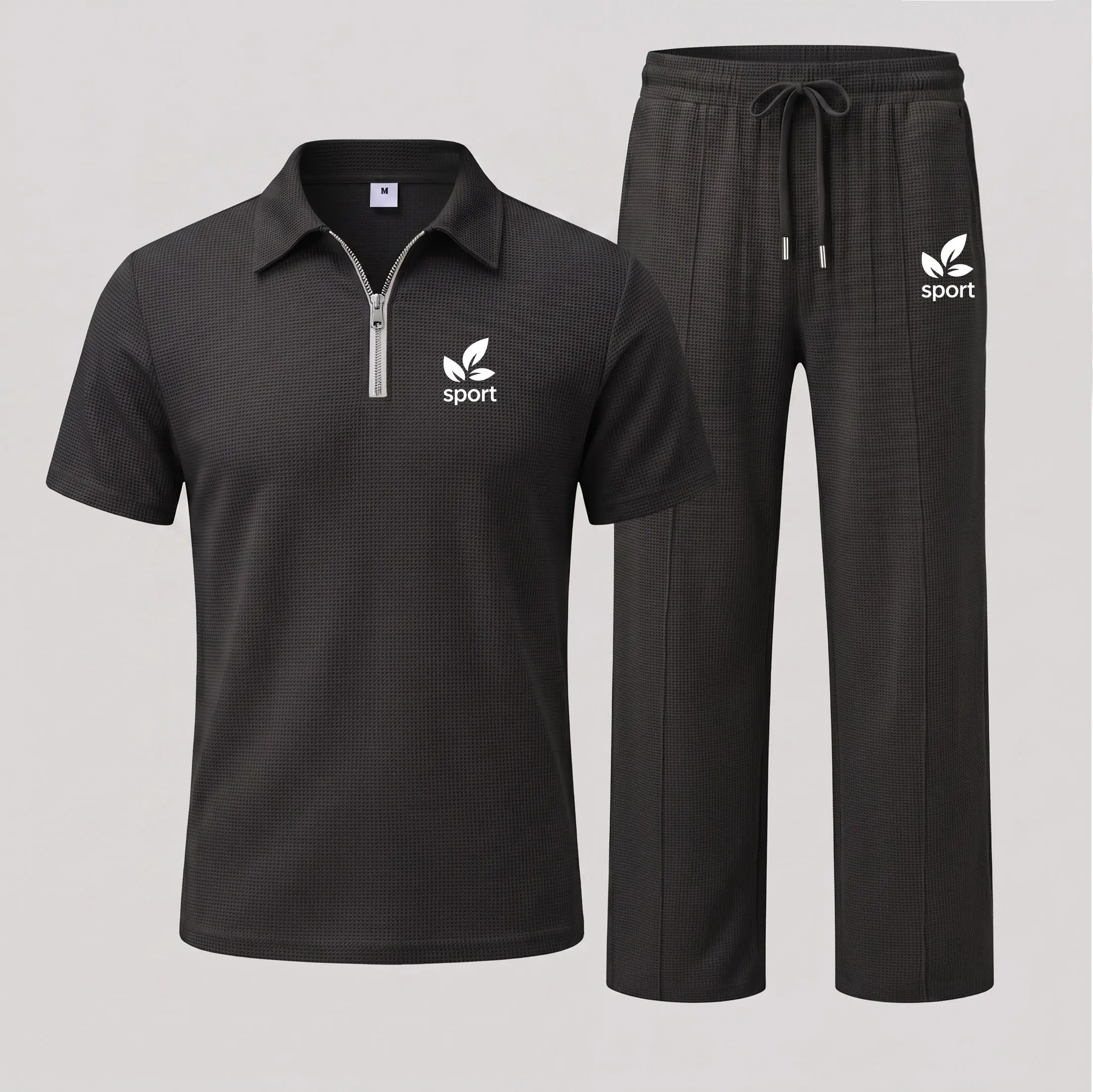 Men’s Minimal Sport Graphic Waffle Fabric Zip Collar Polo Set, Short Sleeve Polo Shirt with Matching Straight Leg Pants, Casual Daily Outfit