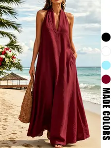 Y2K Style Sleeveless Loose Dress, French Linen Halter V-Neck Long Dress, Breathable Linen Fabric, Summer Comfort, Daily Wear