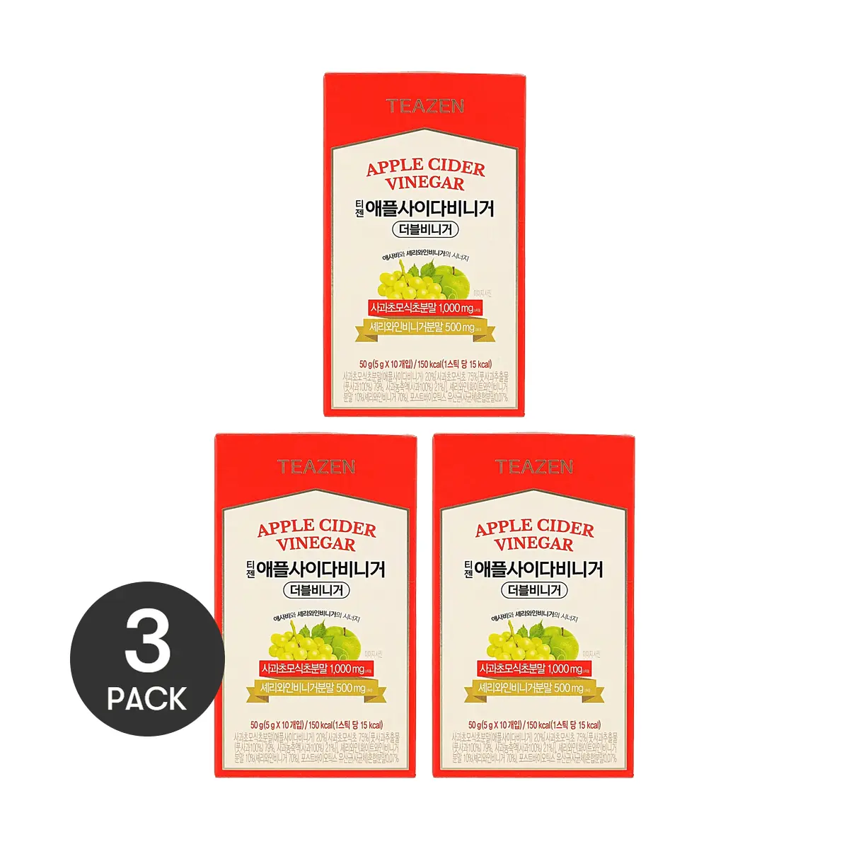 3 Pack Teazen Apple Cider Vinegar Double Drink 1.76oz Each - Korean Postbiotic, Low Cal, Gut Health