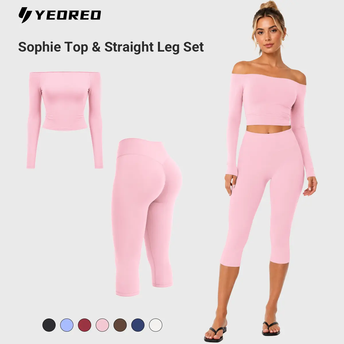 YEOREO Sophie Off-Shoulder Top & Capri Legging 2 Piece Set