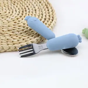 Cute Chicken Design Baby Feeding Utensils Set, 2pcs/set Including Spoon & Fork & Box, Safe Stainless Steel Food Tableware Set for Toddlers, Silicone Utensils
