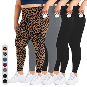 Women's Plus Size Leopard Print Pocketed Legs Skinny Cut French Terry High-Waist Sports Leggings, All-Season Bottoms for Yoga, Gym Workouts