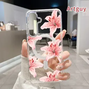 Pink Lily Charm Pattern Magnetic Phone Case for Samsung Galaxy S26 Edge S23 Ultra S24 Plus FE S25 S22+ Anti-Yellowing Shockproof Lightweight Transparent Acrylic Large Hole Soft Cover Supports Wireless Charging