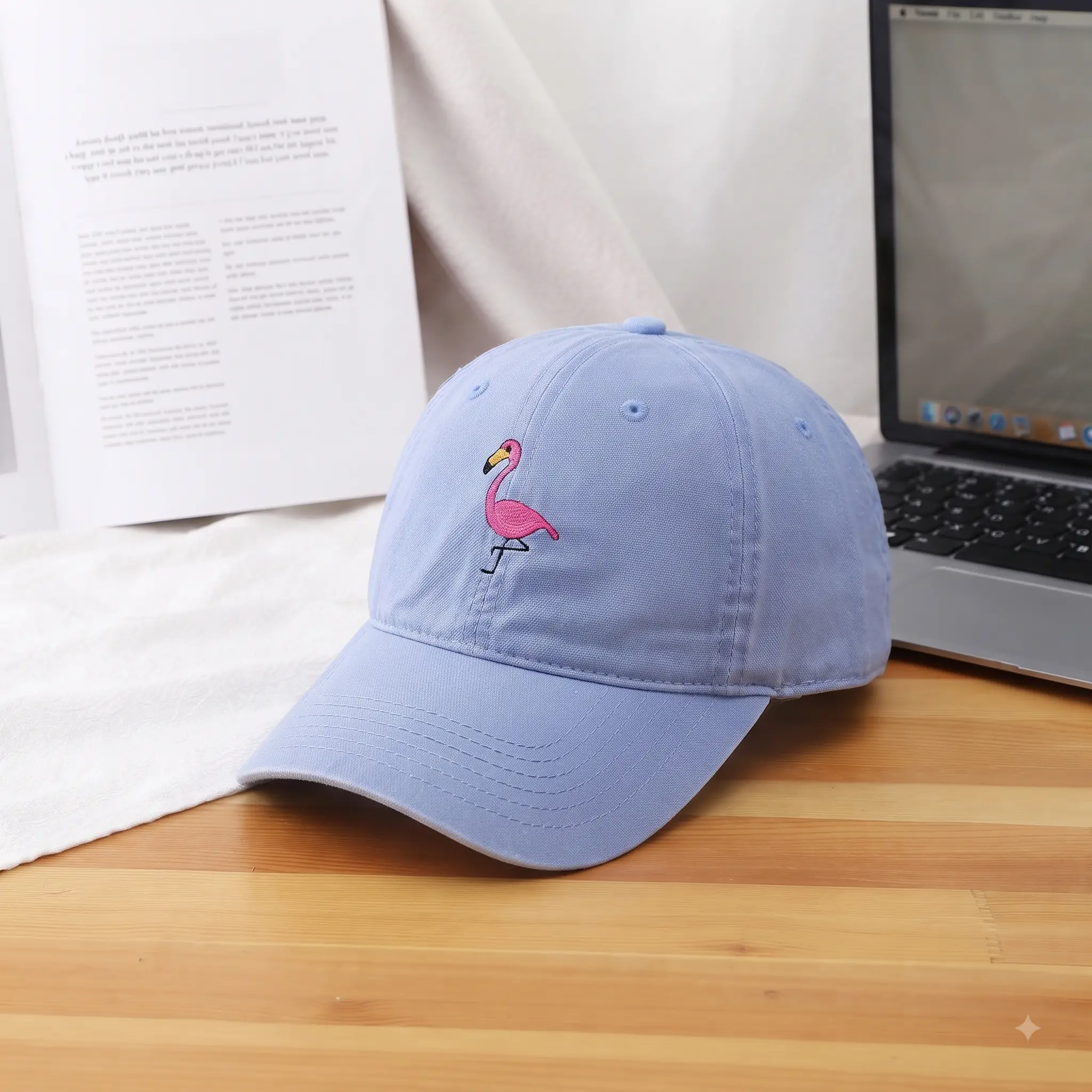Cute Flamingo Embroidered Dad Cap - Aesthetic Blue Baseball Hat