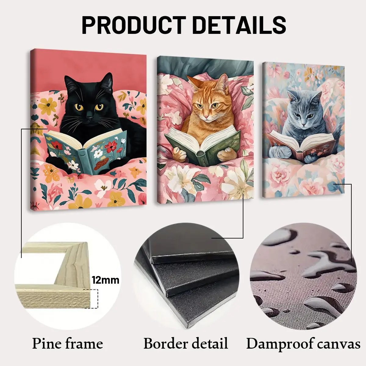Cat Reading Book Pattern Canvas Painting with Frame, 3 Counts/set Colorful Animal Reading, Wall Decor for Home Living Room Bedroom Office Hanging Wall Art Cat Reading Book Pattern Canvas Painting with Frame, 3 Counts/set Colorful Animal Reading, Wall Decor for Home Living Room Bedroom Office Hanging Wall Art