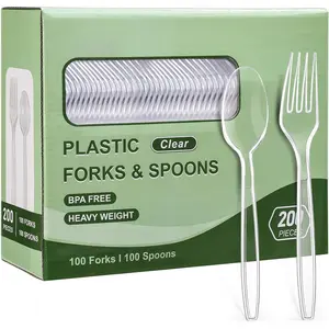 [200 Count] Clear Heavy Duty Plastic Silverware Set - 100 Forks & 100 Spoons, , Heat Resistant, Durable Utensils for Parties, Picnics, Events