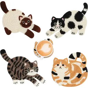 zhengwanhh09j Cute Cat Coasters for Desk, Funny Woven Coaster for Decoration, Creative Gifts for Cat Lovers, Crochet Insulation Knitted Coasters for Coffee Tea Table Desktop Protection (4, Style B)