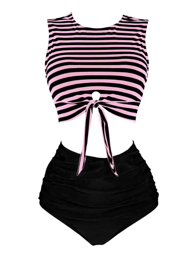 Pink & Black 1970s Striped Waist Tie Patchwork Swimsuit, Swim Topsummer outfits beach essentials vacation outfits Bathing Suit Bikini Casual Fashion Swimwear BackToSchool