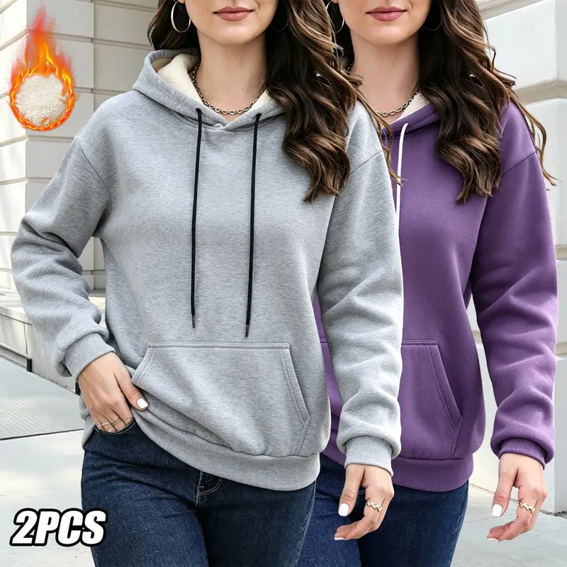 Women's Fitted Fleece-Lined Thick Hooded Pullover - Autumn/Winter Drawstring Casual Fitted Hoodie with Kangaroo Pocket, Long-Sleeve Outdoor Leisure Sports Top, Mystery Birthday Gift