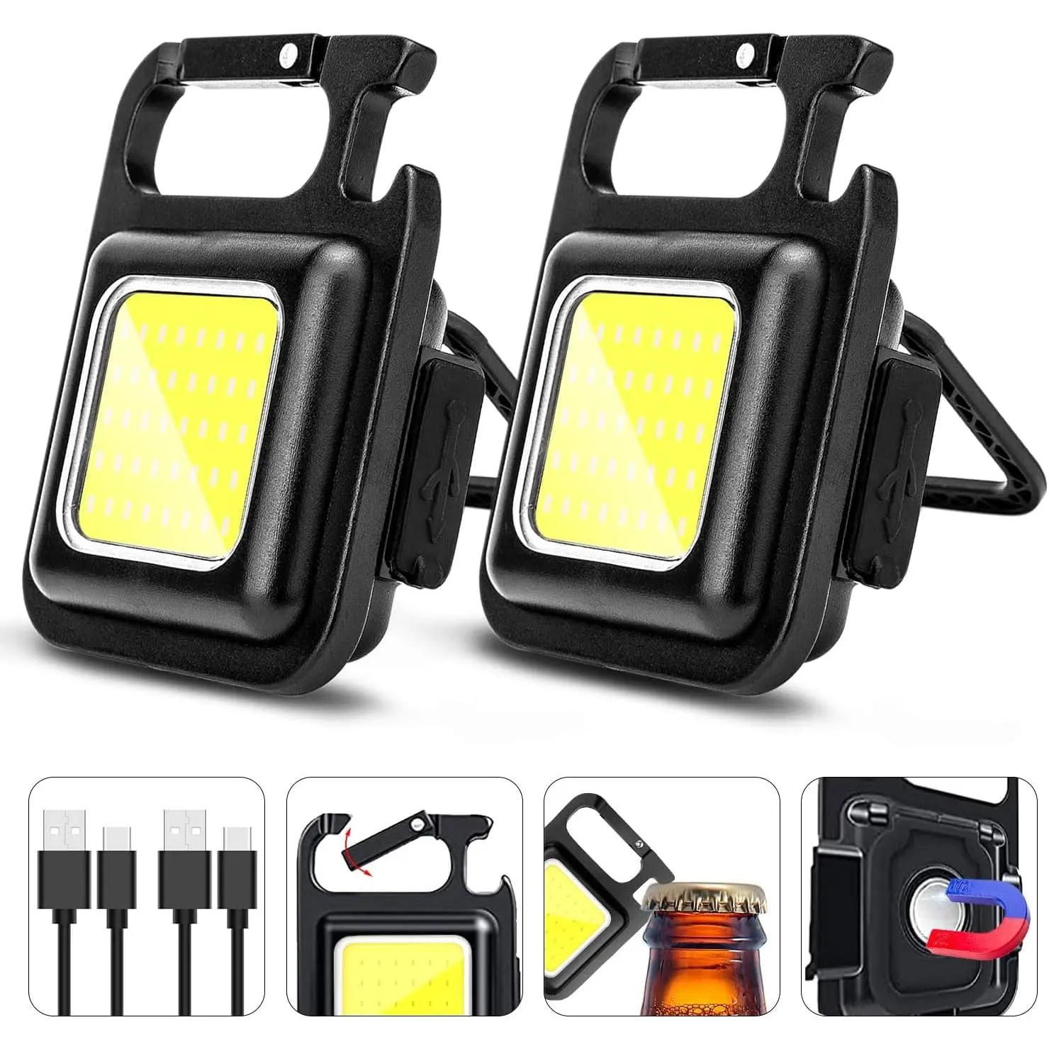 Cob Keychain Work Light Keychain Flashlight 4 Light Modes,Keychain Light Emergency Light with Folding Bracket Bottle Opener for Fishing,Camping and Walking 2Pack