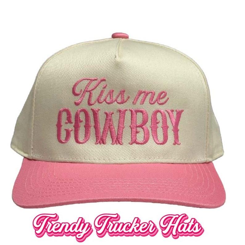 Kiss me Cowboy Cream/Pink Trucker Hat, Country Concert Hat, Embroidered Hat, Trendy Trucker Hat