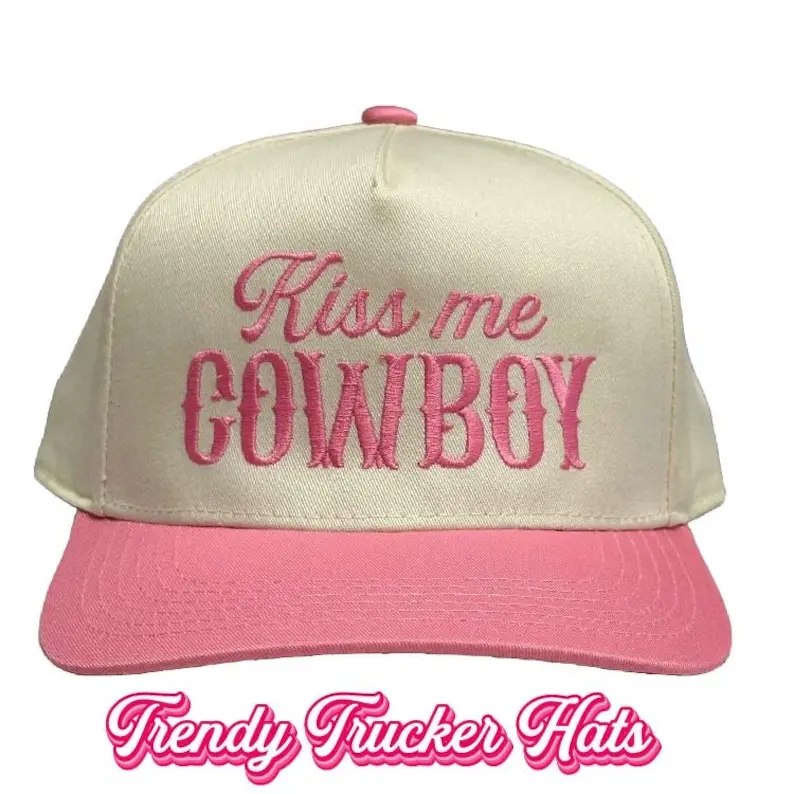 Kiss me Cowboy Cream/Pink Trucker Hat, Country Concert Hat, Embroidered Hat, Trendy Trucker Hat