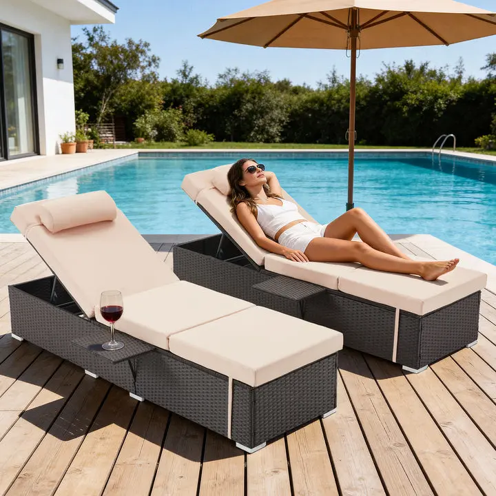 【Summervibes】Outdoor Patio Chaise Lounge 2/4/6-Piece Set with Side Table, PE Rattan Wicker Adjustable Pool Deck Recliner with Thickened Cushion, All-Weather Beach Sun Lounger for Poolside, Garden, Backyard, Balcony