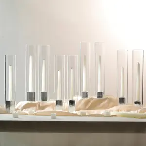 LETINE Hurricane Candle Holders with Silver Ribbed Taper Candle Holders Set of 9 (14")– Bulk Windproof Taper Candle Hurricane Glass for Outdoor&Indoors Wedding Centerpiece, Event & Home Decor