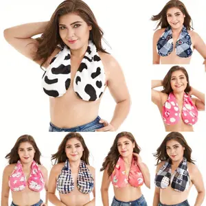 Double-Sided Plush Absorbent & Breathable Towel - Super Soft Warm Multi-Color Options for Women, Retro Style Bath & Bra Neck Wrap, Fantasy Cow & Floral Patterns, High Absorbency
