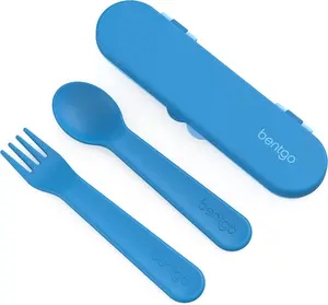 Kids Utensil Set - Reusable Plastic Fork, Spoon & Storage Case - BPA-Free Materials, Easy-Grip Handles, Dishwasher Safe - Ideal for School Lunch, Travel, & Outdoors (Blue)