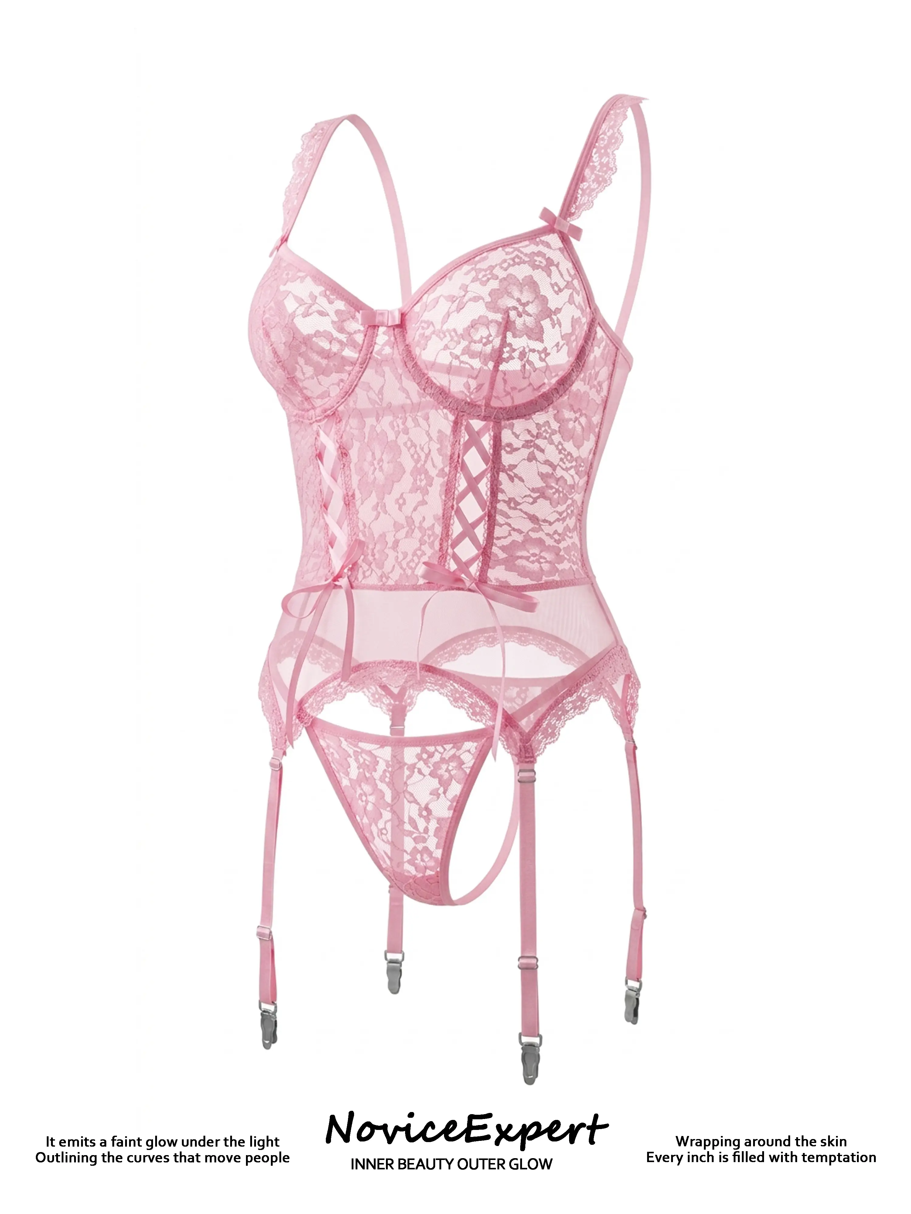Women's Floral Lace Corset Lingerie Set, 3 Piece Underwire Garter Set with Stockings Included, Romantic Nightwear