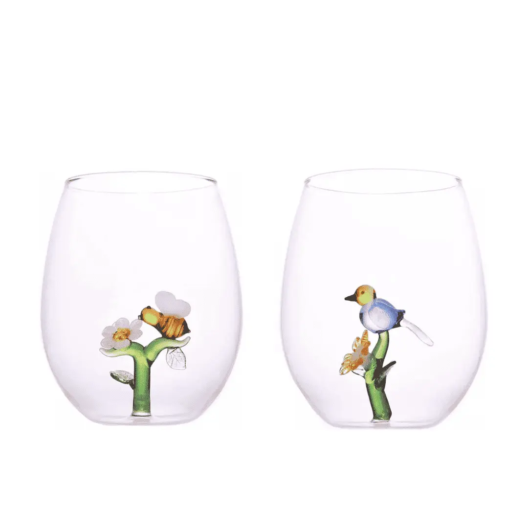 3D Daisy & Bird Stemless Wine Glasses
