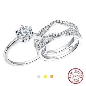 Solid 925 Sterling Silver Solitaire Round Cut 5A CZ Wedding Rings Set for Women Eternity Stacking Guard Ring Enhancer#Love Story#Love Story #Love Story